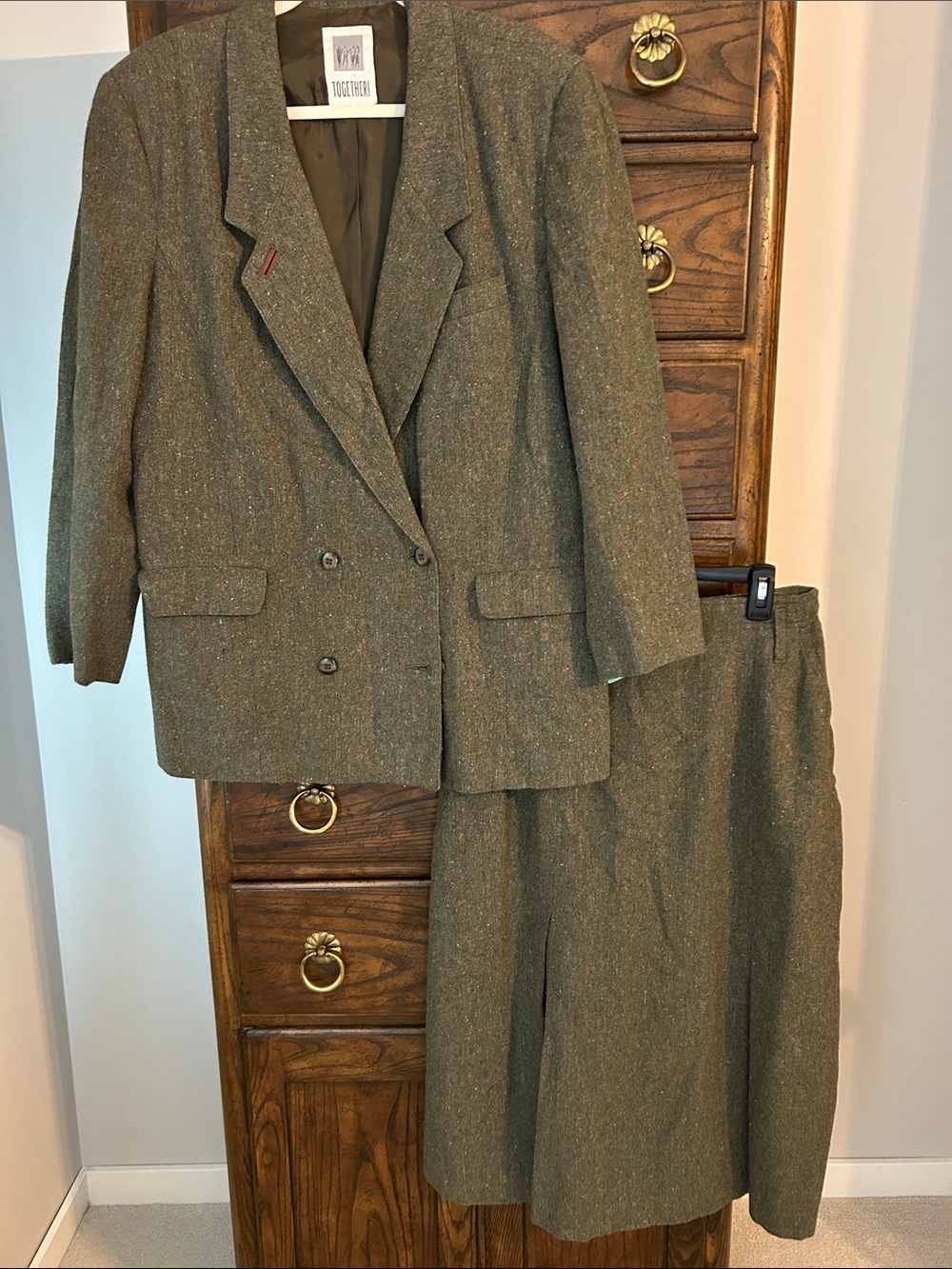 Together Vintage Olive Tweed Wool-Blend Skirt Suit, Size 14